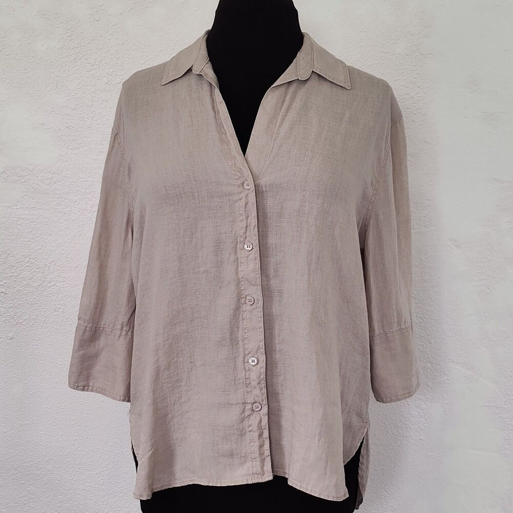 Zara Taupe 100% Linen Button Down Shirt Blouse Size XS 3/4 Length Natural Fibers